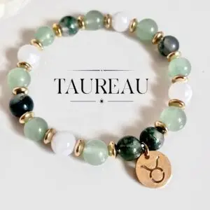 bracelet taureau femme en pierres naturelles 8mm de Pierre de Lune Aventurine Verte et Agate Arbre fait main en france