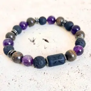 bracelet poissons homme en pierres naturelles 8mm de pierre de lave améthyste et bronzite fait main en france