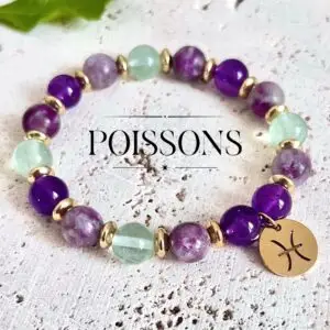 bracelet Poissons femme en pierres naturelles 8mm de Fluorite lepidolite et améthyste fait main en france
