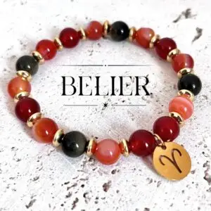 bracelet bélier femme en pierres naturelles 8mm de cornaline agate rouge et obsidienne dorée fait main en france