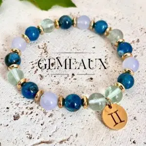 bracelet Gemeaux femme en pierres naturelles 8mm de Fluorite Apatite Bleue et Agate Bleue fait main en france