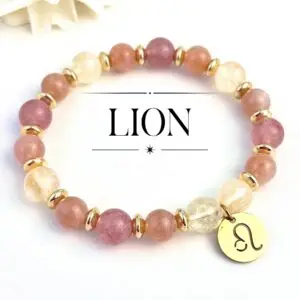 bracelet Lion femme en pierres naturelles 8mm de citrine Quart fraise et pierre de soleil fait main en france