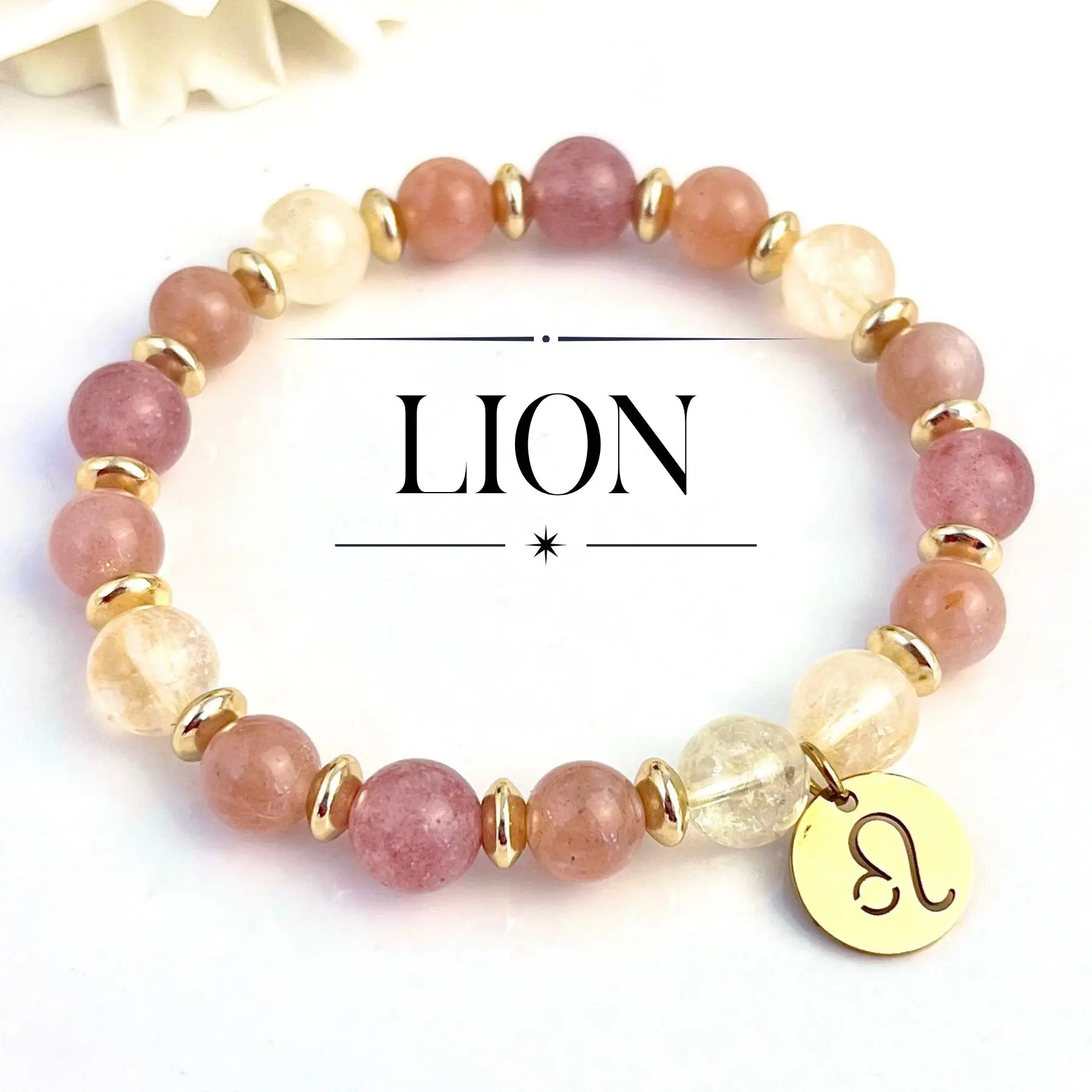 bracelet Lion femme en pierres naturelles 8mm de citrine Quart fraise et pierre de soleil fait main en france