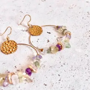 boucles d'oreilles améthyste citrine quartz rose préhnite pierre naturelle aux bienfaits énergétiques vendues par minéralissime