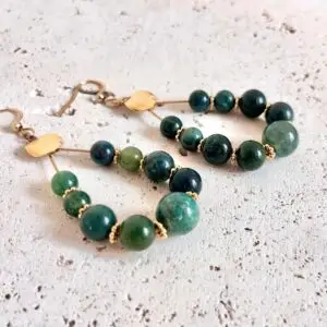 Boucles d'oreilles agate mousse pierre naturelle aux bienfaits énergétiques vendues par minéralissime