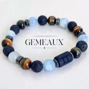 bracelet gemeaux homme en pierres naturelles 8mm de aigue marine oeil de tigre et pierre de lave fait main en france