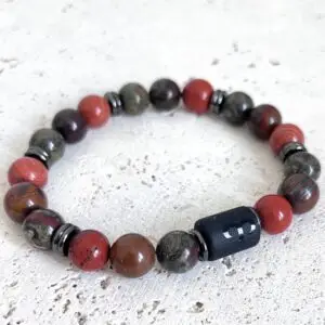 bracelet bélier homme en pierres naturelles 8mm de jaspe rouge oeil de fer et jaspe sang de dragon fait main en france