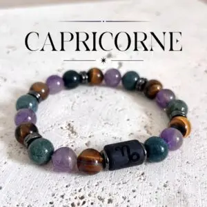 bracelet capricorne homme en pierres naturelles 8mm de oeil de tigre améthyste et agate mousse fait main en france