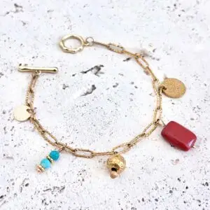 bracelet turquoise jaspe rouge et nacre. bracelet pierres naturelles fait main en france. Bracelet énergétique vendu par minéralissime