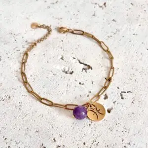 bracelet poissons en pierre naturelle améthyste et acier inoxydable. Fait main en france