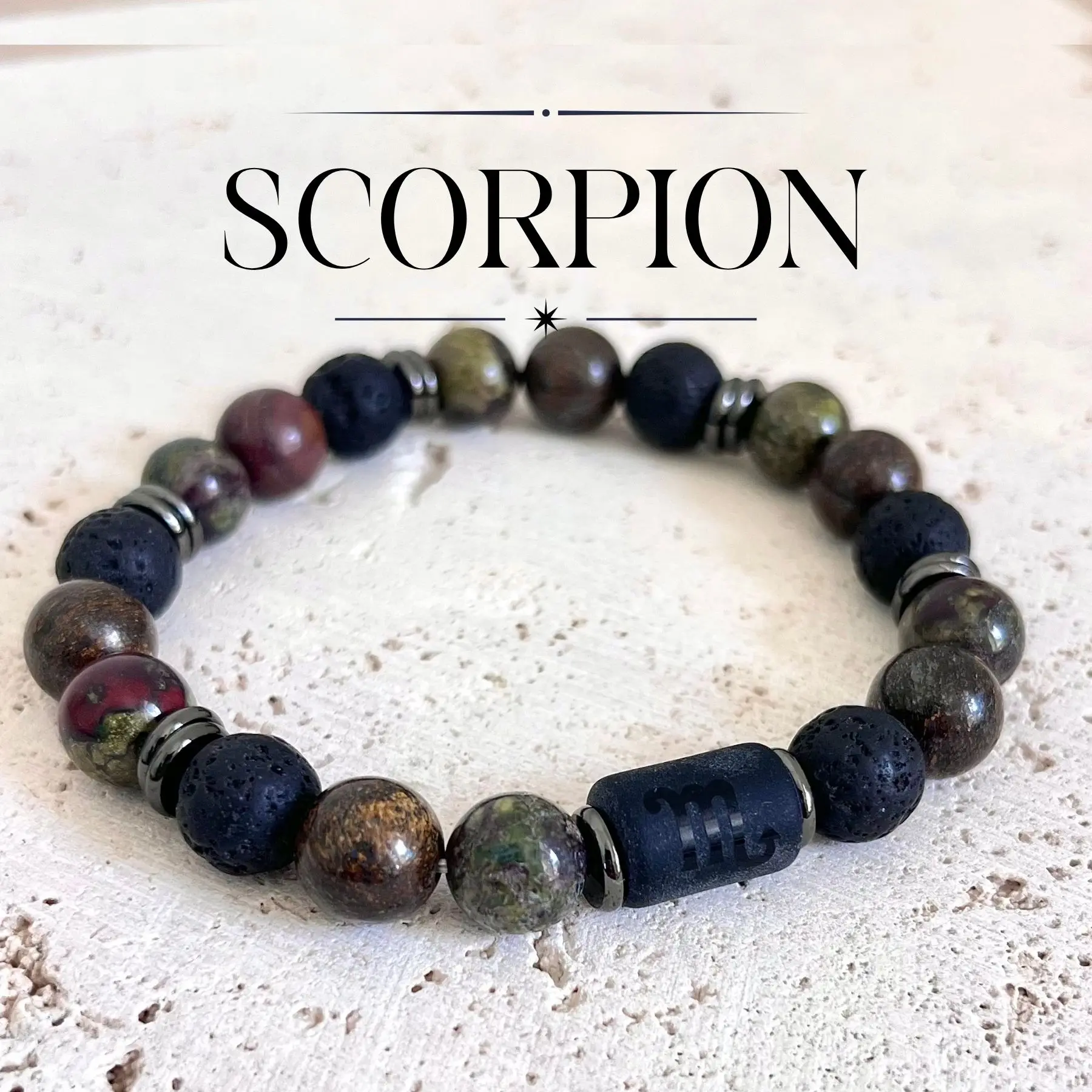 bracelet scorpion homme en pierres naturelles 8mm de pierre de lave jaspe sang de dragon et bronzite fait main en france