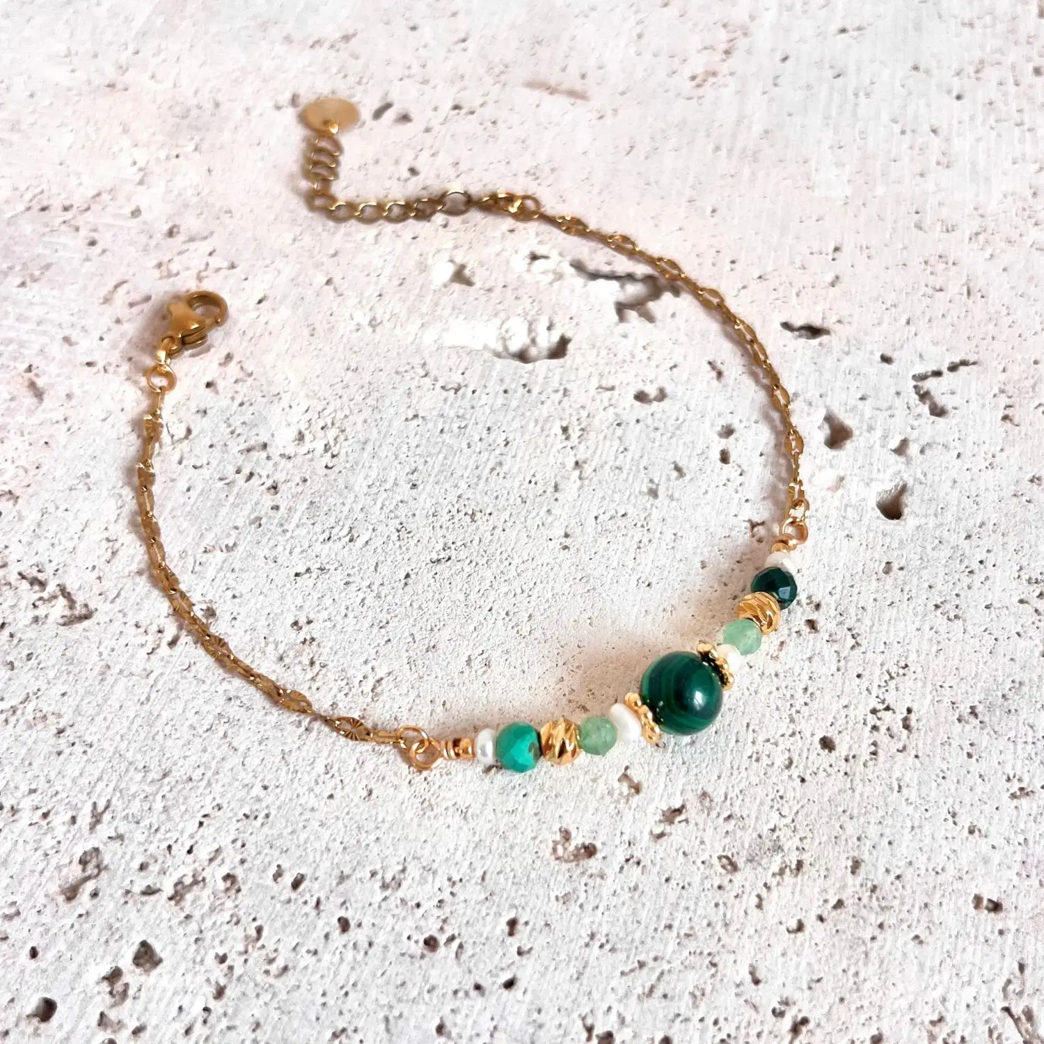 bracalet pierre naturelles malachite pierre de lune aventurine verte et acier inoxydable