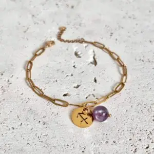 bracelet sagittaire en pierre naturelle lepidolite et acier inoxydable. Fait main en france